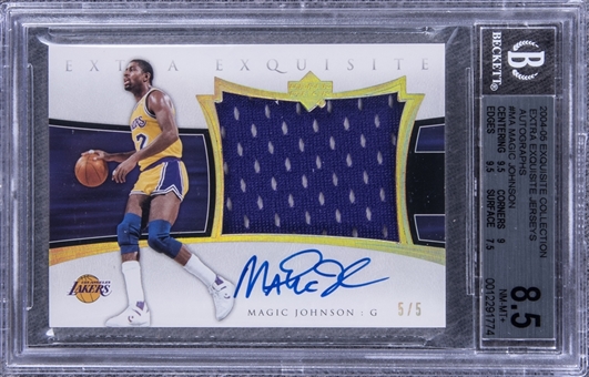 2004-05 UD "Exquisite Collection" Extra Exquisite Jerseys Autographs #MA Magic Johnson Signed Game Used Patch Card (#5/5) – BGS NM-MT+ 8.5/BGS 10